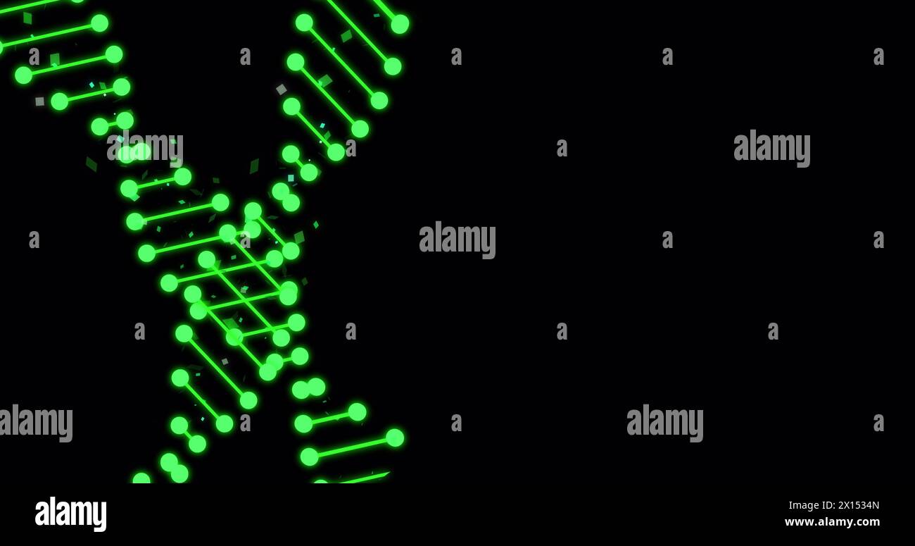 Immagine di filamenti di dna con macchie luminose su sfondo nero Foto Stock