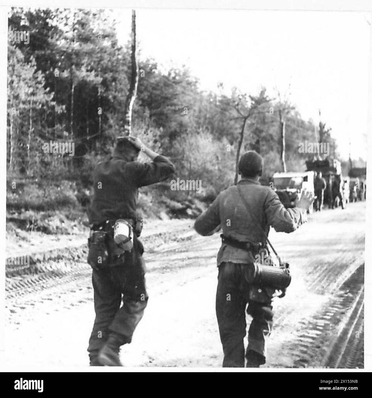I prigionieri si spostano verso il traffico britannico in avvicinamento durante l'avanzata delle operazioni da parte del British Army, 21st Army Group. Foto Stock