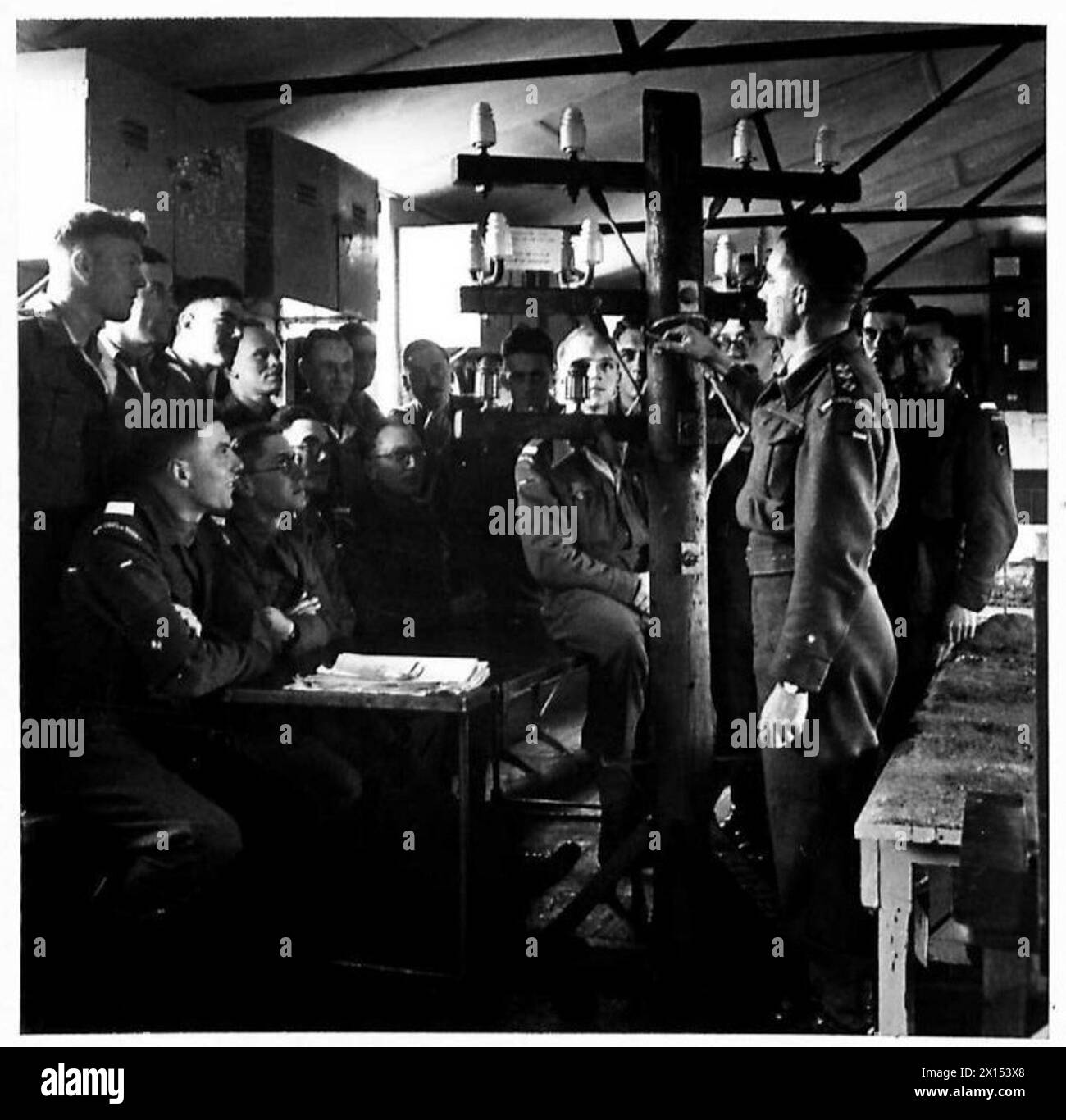 I cadetti della Royal Signals Officers’ Cadet Training Unit sono istruiti utilizzando un modello su come ispezionare le linee telefoniche permanenti per l’esercito britannico. Foto Stock
