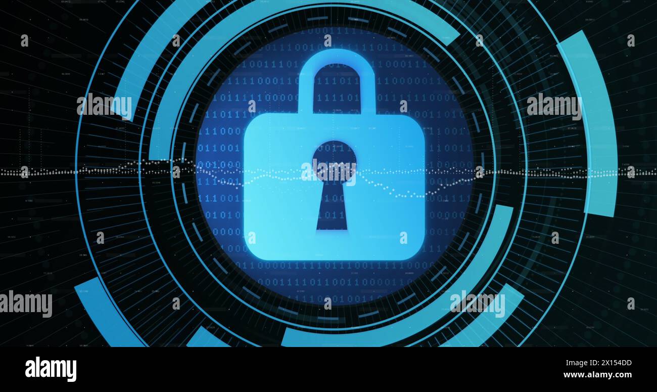 Immagine dell'icona del lucchetto di sicurezza sullo scanner rotondo rispetto all'elaborazione dei dati di codifica binaria Foto Stock