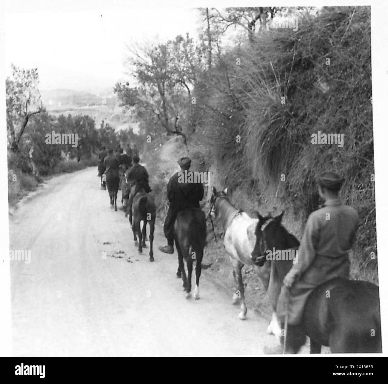 I Goumiers del 18° Goum di Boulemane cavalcano cavalli arabi lungo una strada di campagna verso il fronte. Foto Stock
