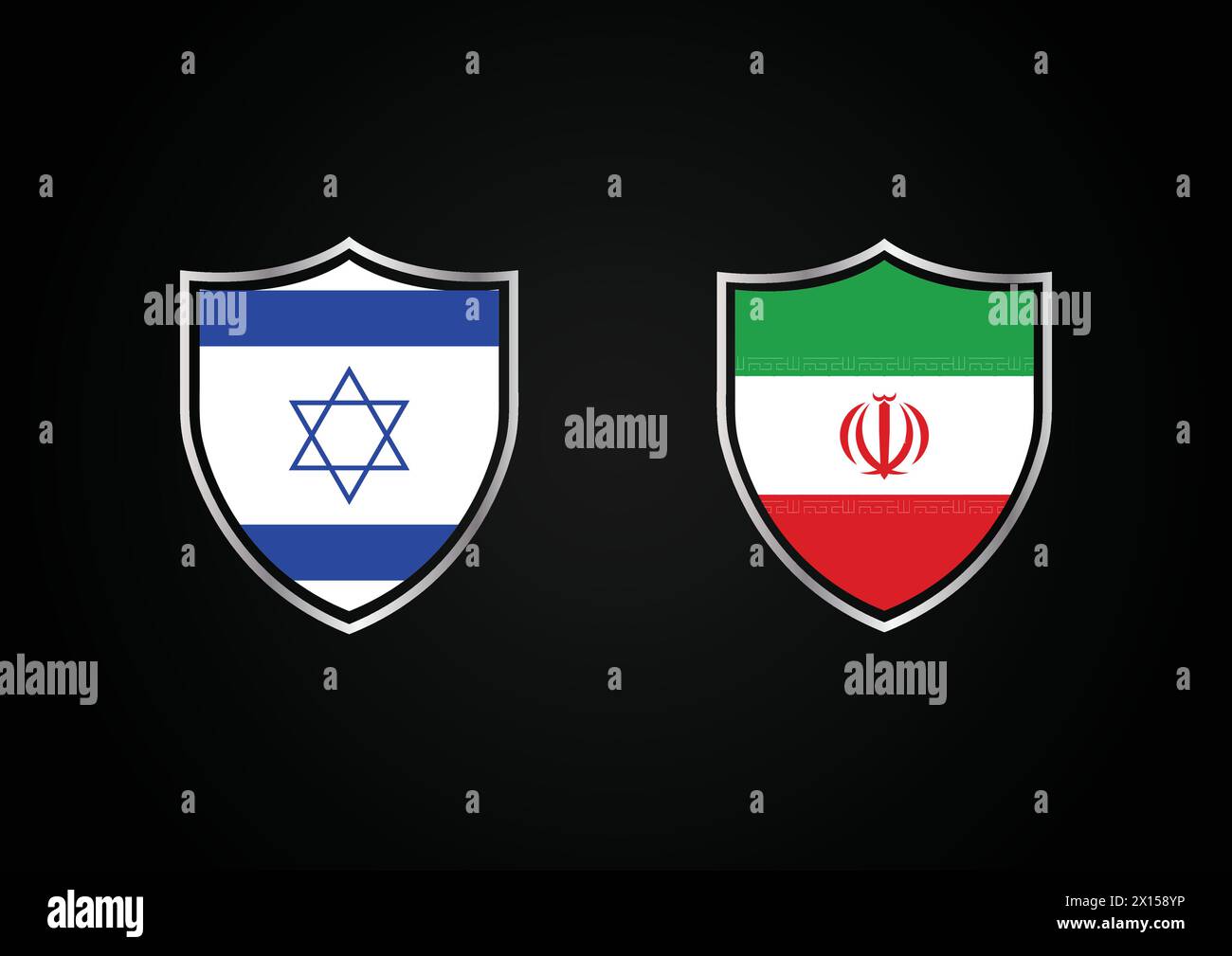 Guerra tra Israele e Iran. Israele contro Iran bandiere concettuali scudo su sfondo nero. Conflitto politico tra Iran e Israele, economia, crisi di guerra, relazioni Illustrazione Vettoriale