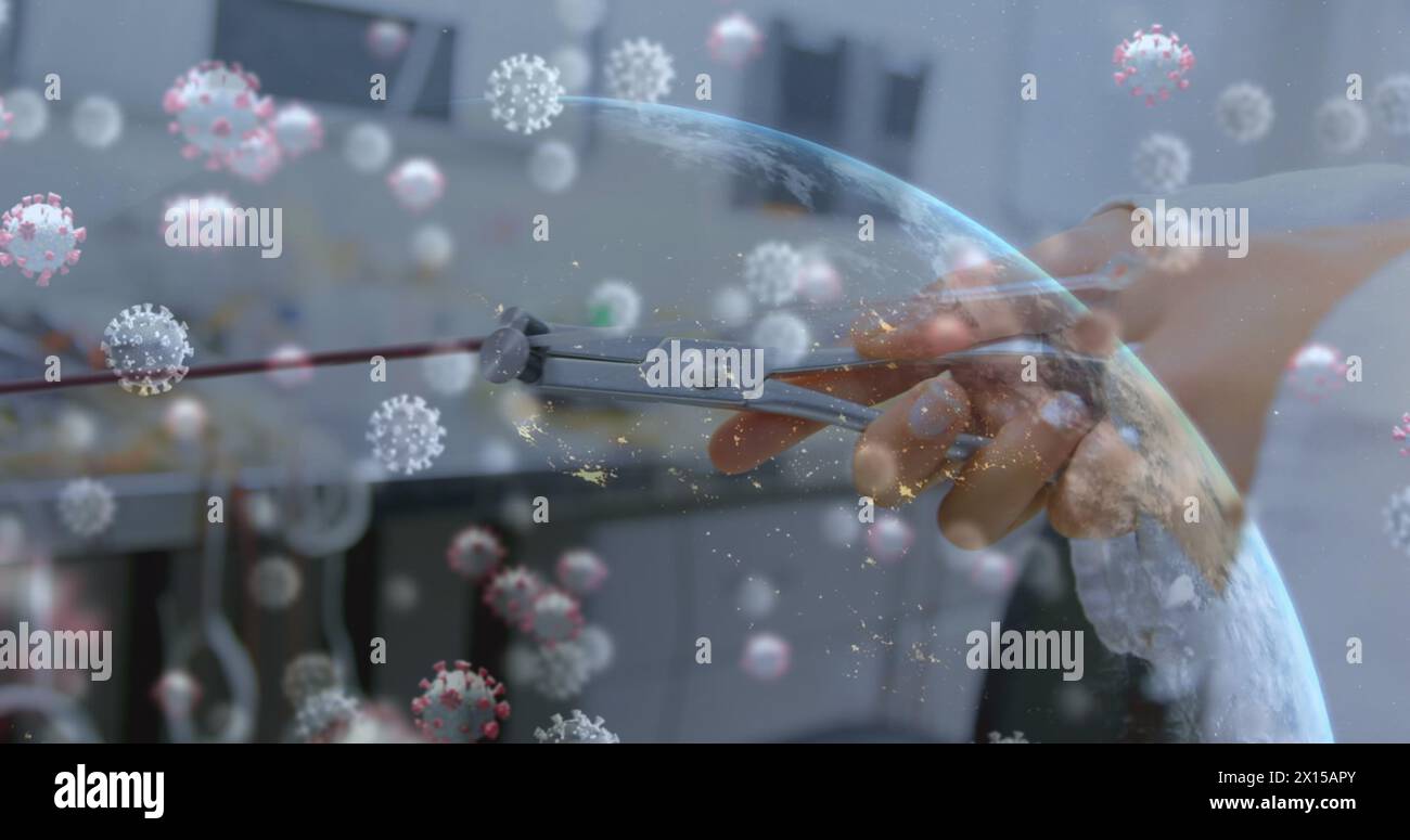 Immagine di cellule virali e globo in mano con attrezzature di laboratorio Foto Stock