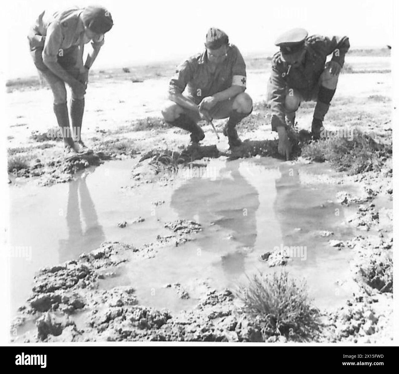 Gli agenti della R.A.M.C. ispezionano l'acqua stagnante alla ricerca di larve di zanzara come parte delle misure anti-zanzare durante la stagione della malaria. Foto Stock