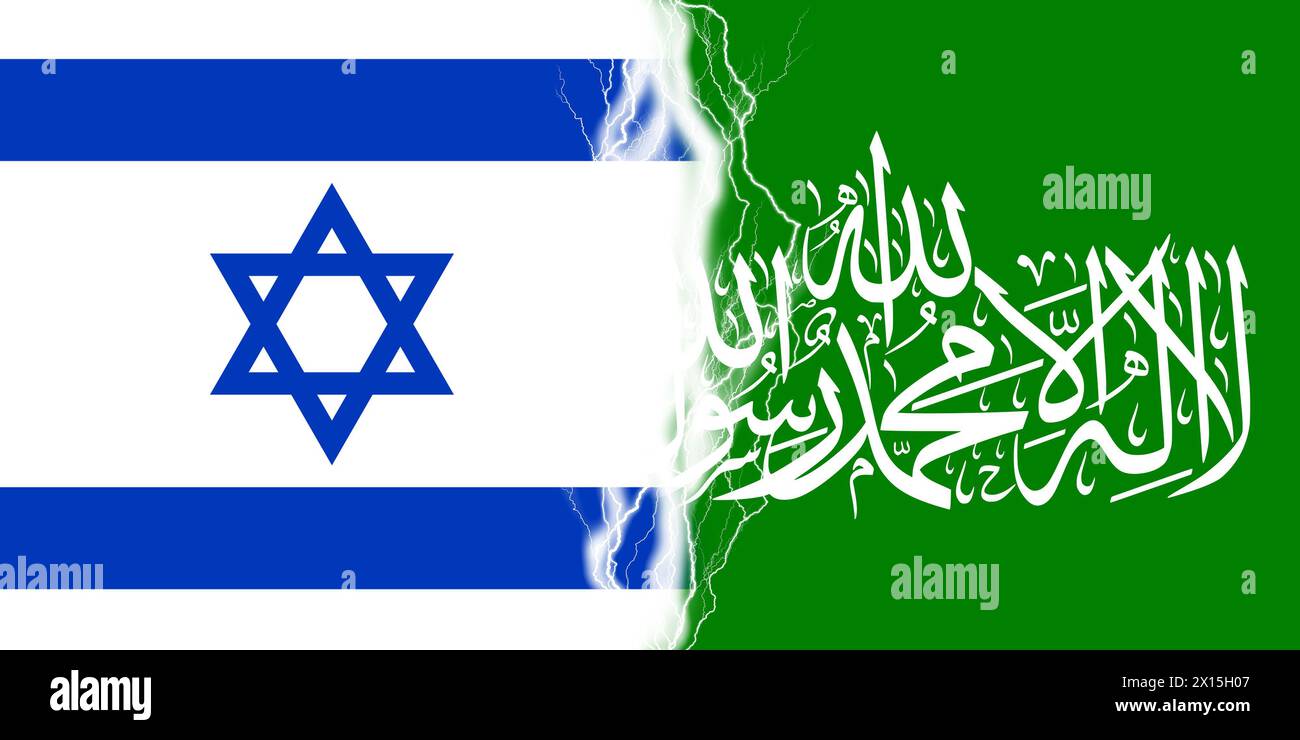 Effetto fulmini tra le bandiere di Israele e Hamas. Israele e Hamas attaccano, simbolo di guerra a Gaza Foto Stock