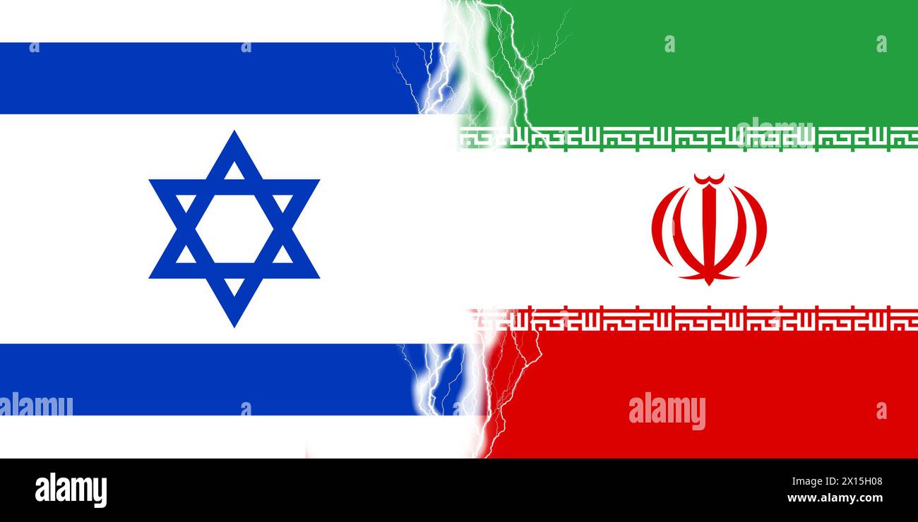 Effetto fulmini tra le bandiere di Israele e Iran. Concetto di conflitto tra due nazioni, Gerusalemme e Teheran Foto Stock