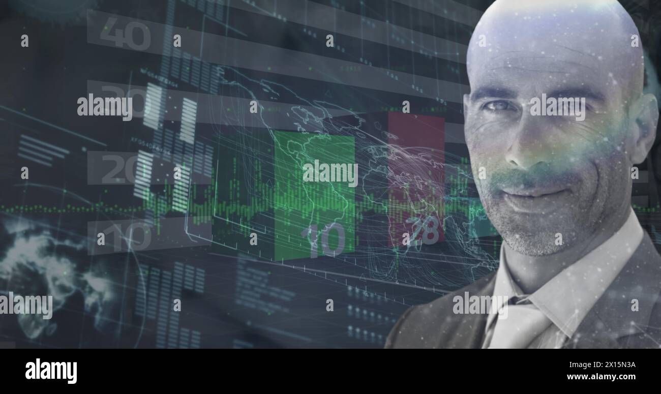 Immagine di un uomo d'affari sicuro di sé con istogrammi colorati sull'interfaccia digitale Foto Stock