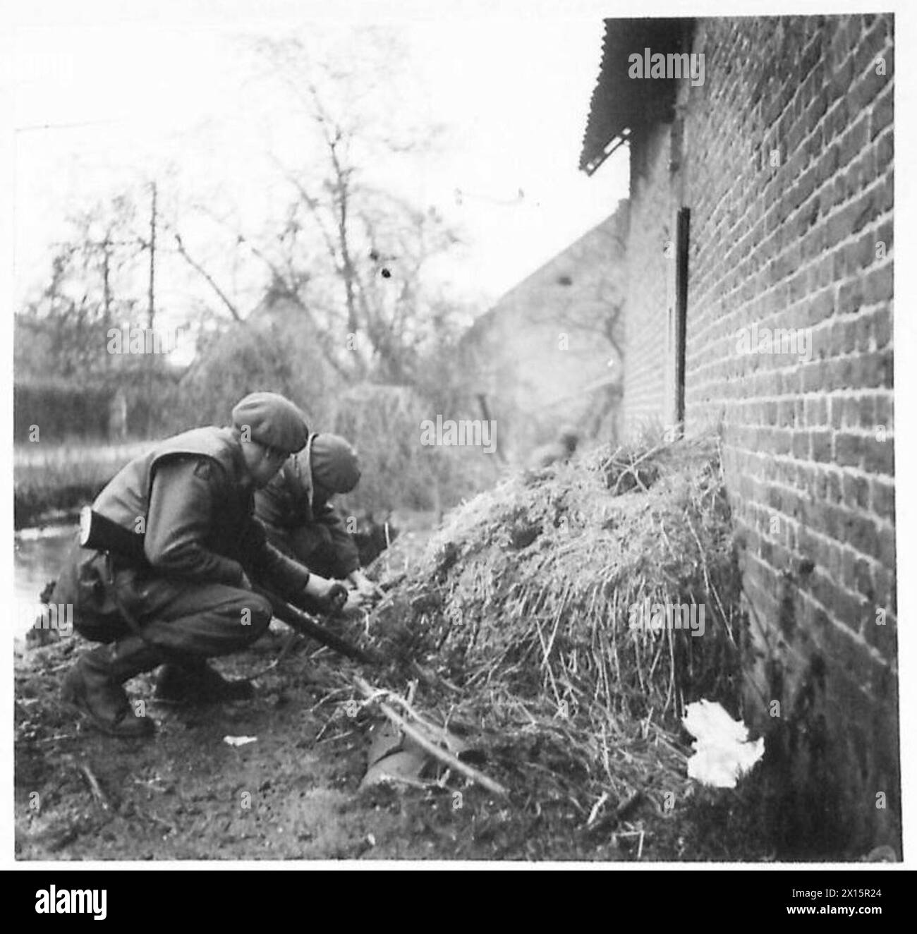 A nord di Sittard, il tenente Bickersteth rimuove una miniera tedesca nascosta sotto la paglia su una riva del fiume durante le operazioni dell'esercito britannico, il 21st Army Group. Foto Stock