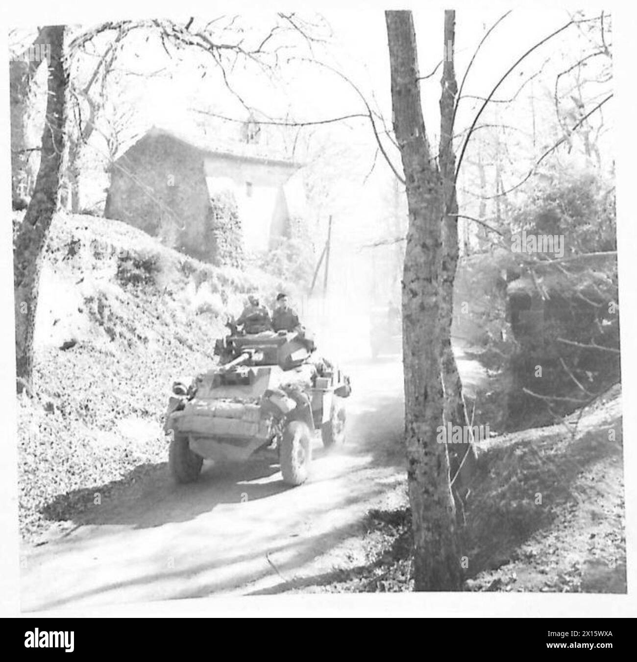 Le autoblindo britanniche avanzano lungo una corsia di campagna verso Roccamonfina durante le operazioni della Quinta Armata in Italia. Foto Stock