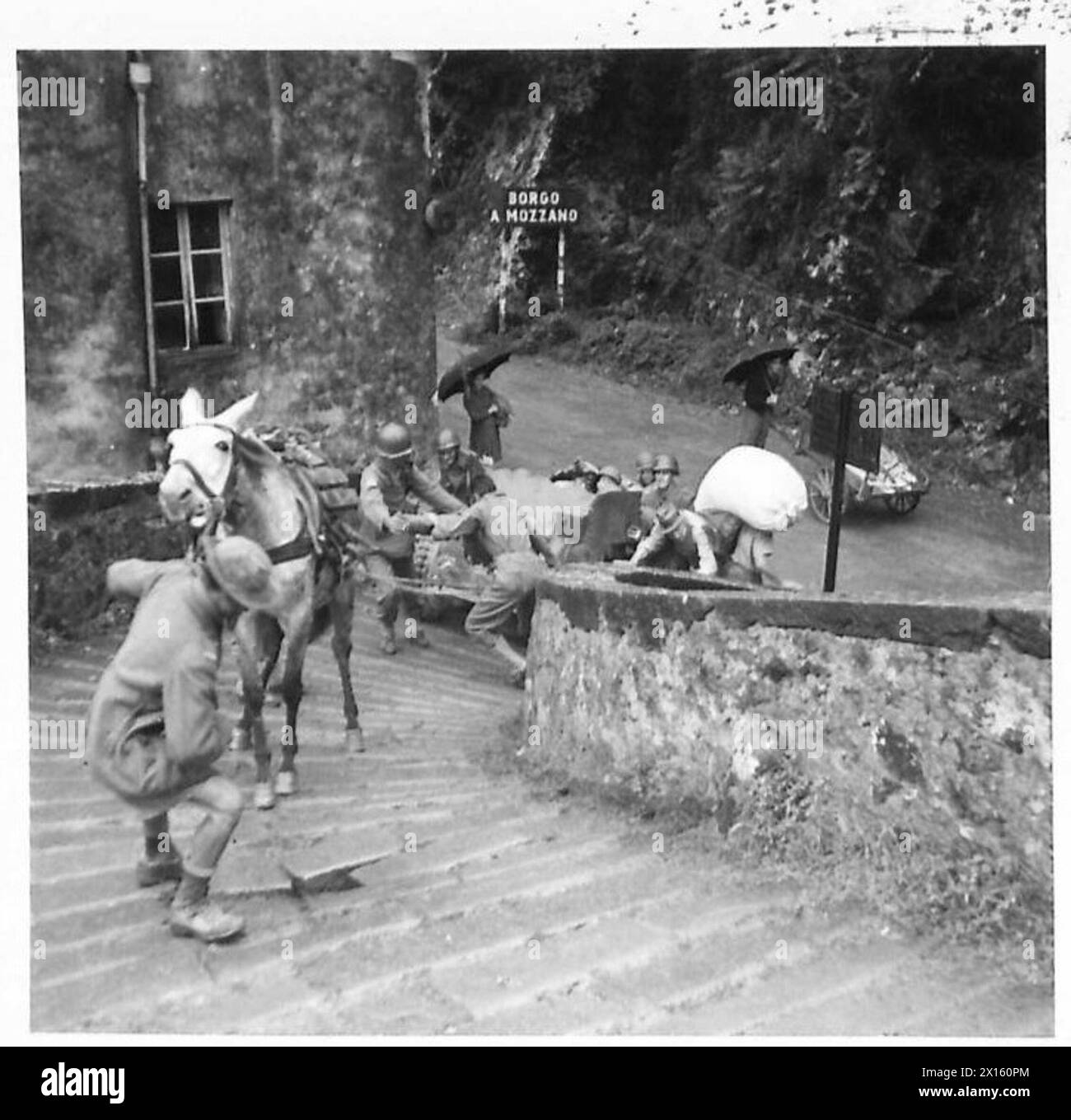 Un cannone anticarro brasiliano viene trasportato attraverso lo stretto Ponte del Diavolo, largo 5 piedi e 6, che attraversa il fiume Gerchio, con una squadra italiana di muli che assiste durante le operazioni in Italia. Foto Stock