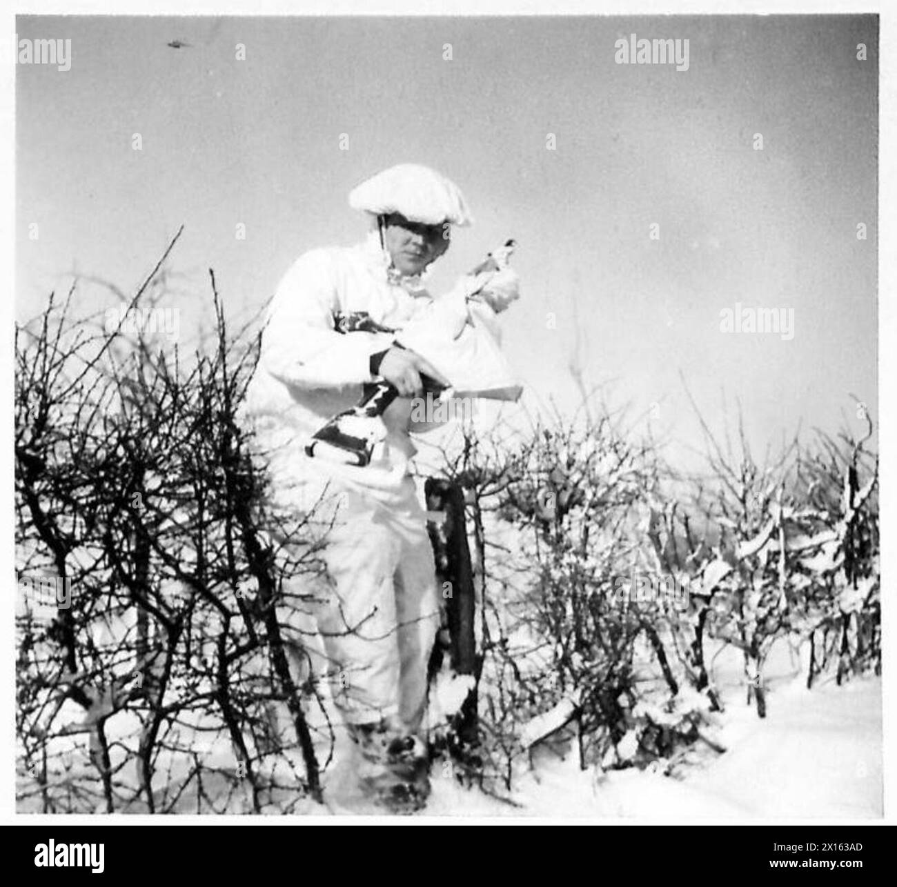 Una pattuglia dell'esercito britannico, chiamata White Patrol, si muove attraverso un'area designata, mantenendo attenzione e consapevolezza situazionale. Foto Stock