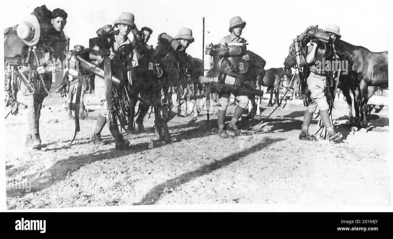 I soldati in Palestina preparano le loro imbracature e selle mentre sono pronti per le esercitazioni a cavallo con le unità dell'esercito britannico. Foto Stock