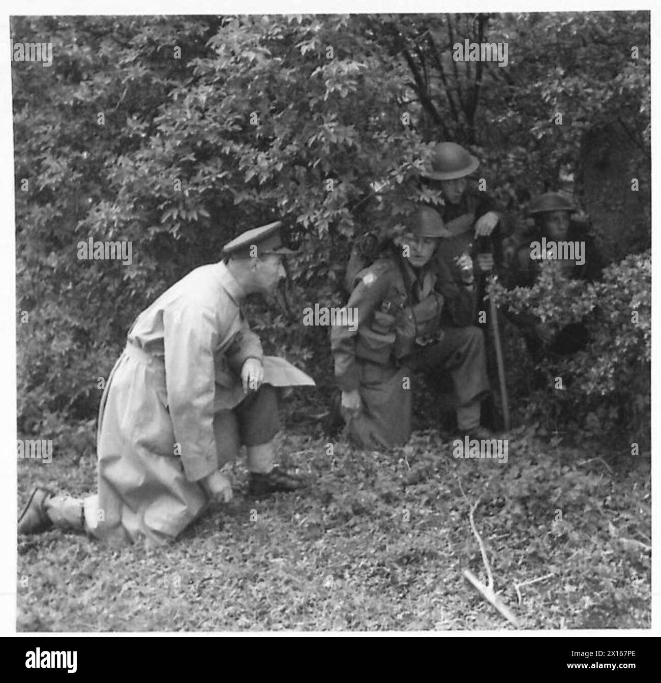 Un'ESERCITAZIONE NEL BOSCO - Una pattuglia prende copertura sul bordo di un'armata britannica di legno Foto Stock