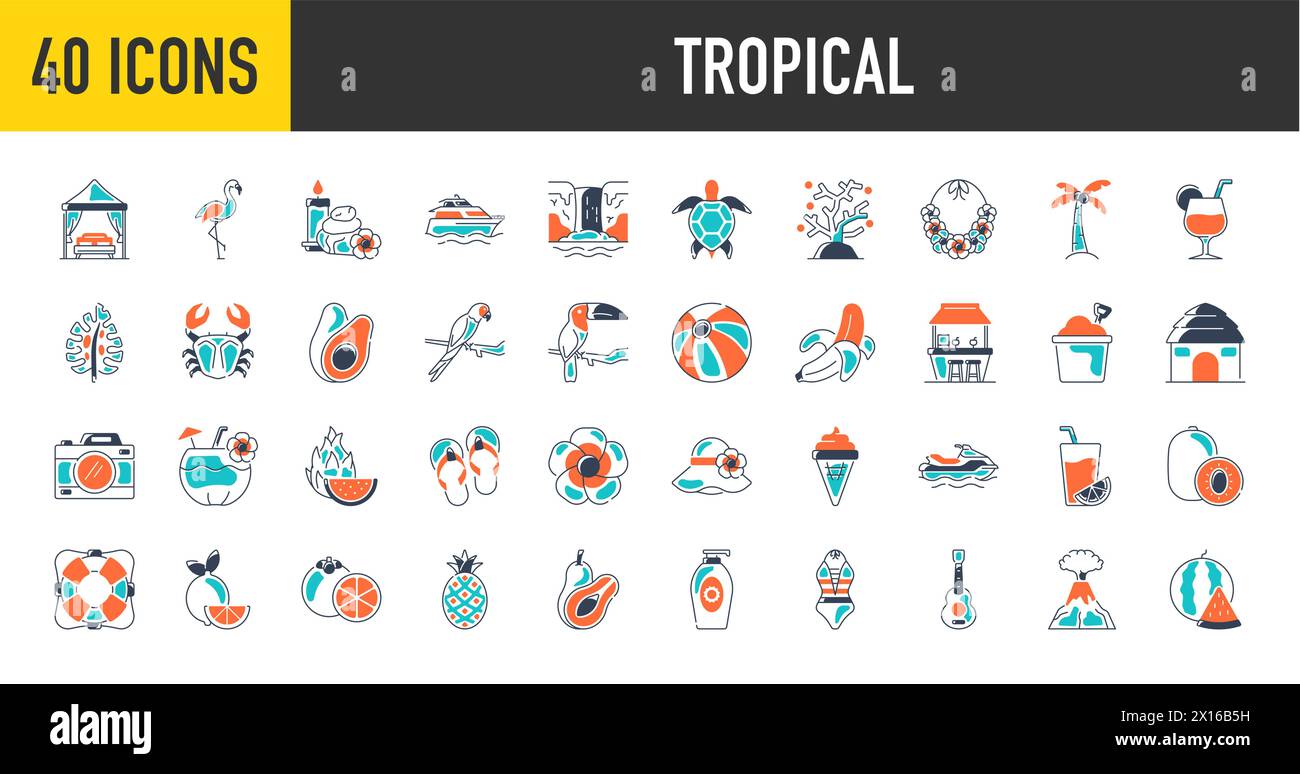 Set di icone per vacanze tropicali. Collezione di elementi stagionali. Fenicotteri, gelato, ananas, foglie tropiche, cocktail, plumeria, anguria, spiaggia. Illustrazione Vettoriale