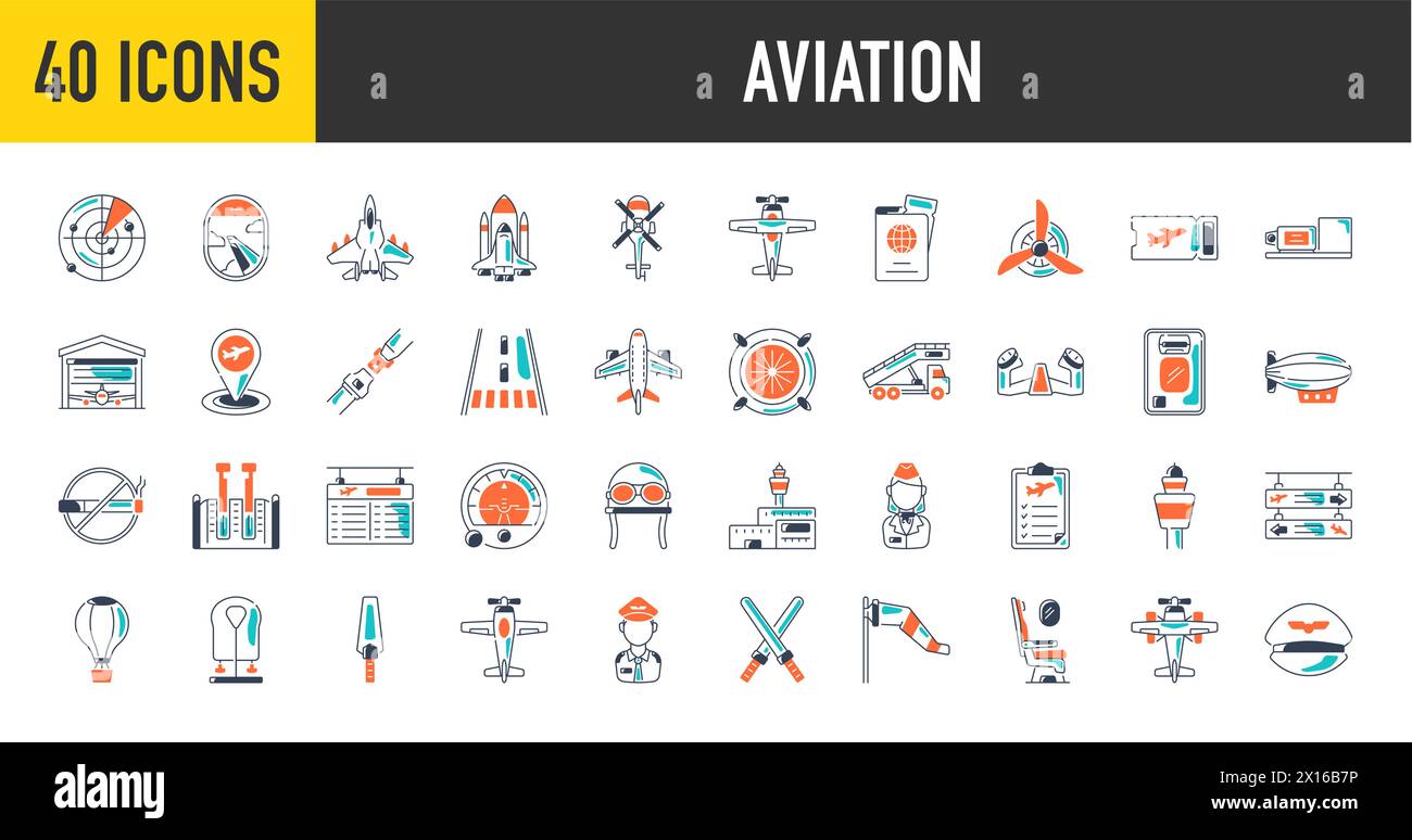 Set di icone dell'aeroporto. set di icone vettoriali come decollo, pista, pallone, atterraggio, monitor, aereo. illustrazione del vettore aeronautico. Illustrazione Vettoriale