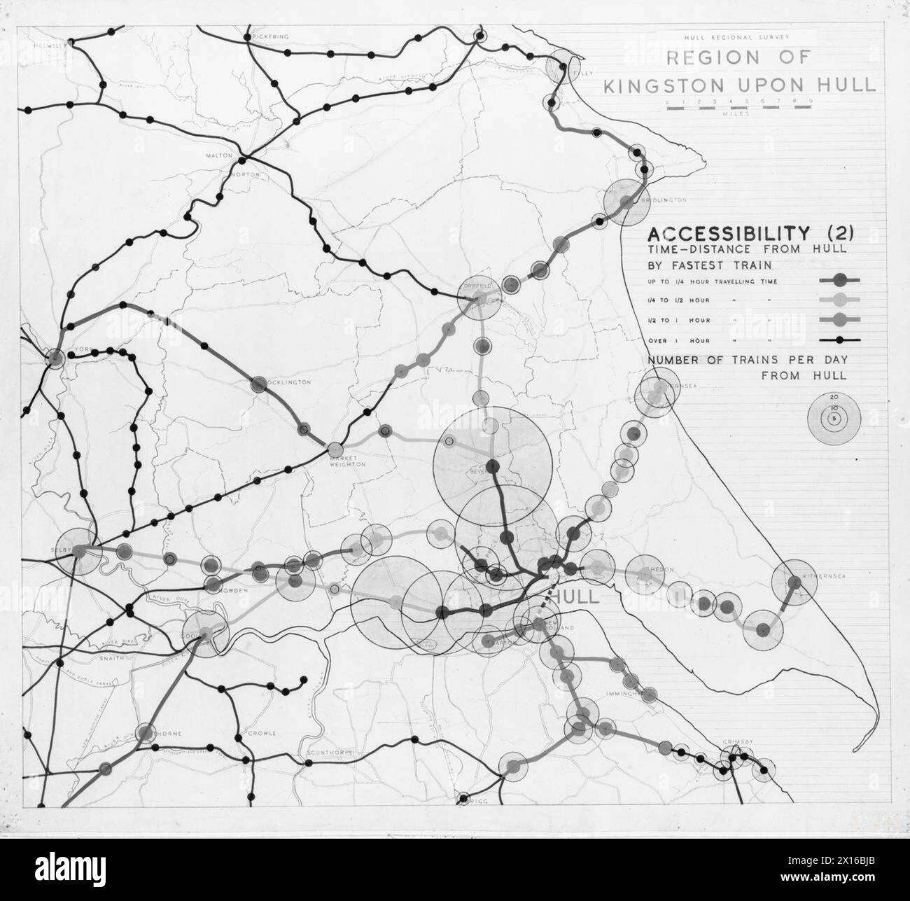 Un'indagine post-bellica nella regione di Kingston upon Hull ha misurato l'accessibilità, calcolando i tempi di viaggio da Hull con il treno più veloce. Lo studio faceva parte degli sforzi di ricostruzione e pianificazione territoriale in Gran Bretagna dopo la seconda guerra mondiale Foto Stock