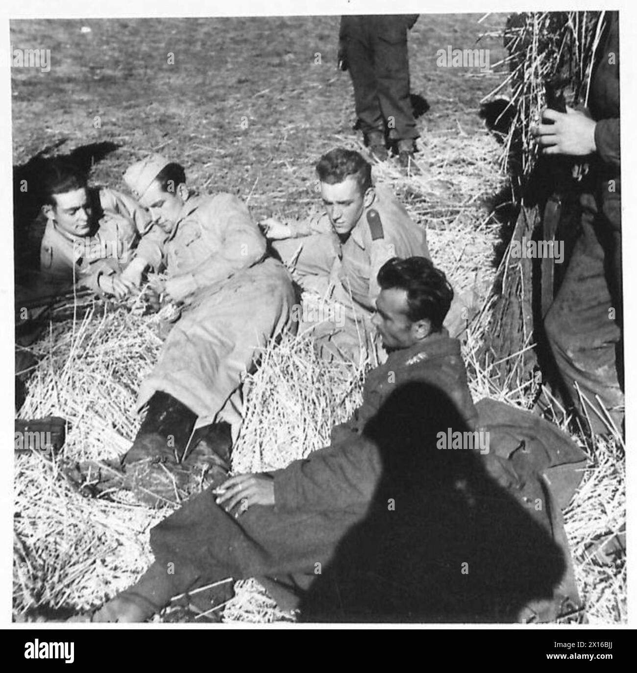 Tre paracadutisti tedeschi e un soldato italiano vengono catturati dalle truppe della prima Armata britannica nei pressi di Bega (forse Beja), 40 km a sud-est di Tabarka, il 29 novembre 1942 durante la campagna di Tunisia. Foto Stock