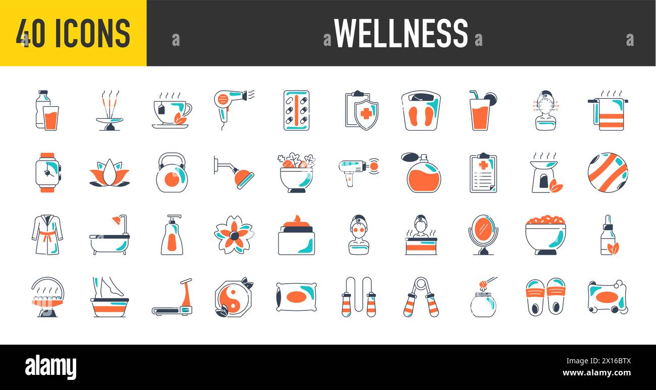 Set icone benessere. Contenente massaggio, yoga, spa, relax, salute, esercizio fisico, dieta, benessere, aromaterapia e molto altro. Raccolta vettoriale con icona a tinta unita. Illustrazione Vettoriale