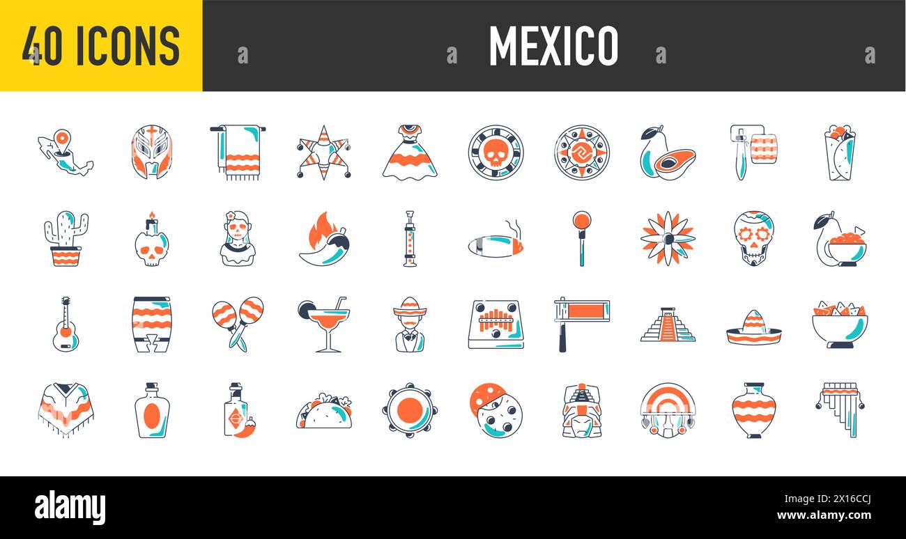Set di icone messicane, elemento di design, stile piatto. Oggetti da collezione per la sfilata di Cinco de Mayo con pinata, cibo, sambrero, tequila, cactus, bandiera. Vettore Illustrazione Vettoriale