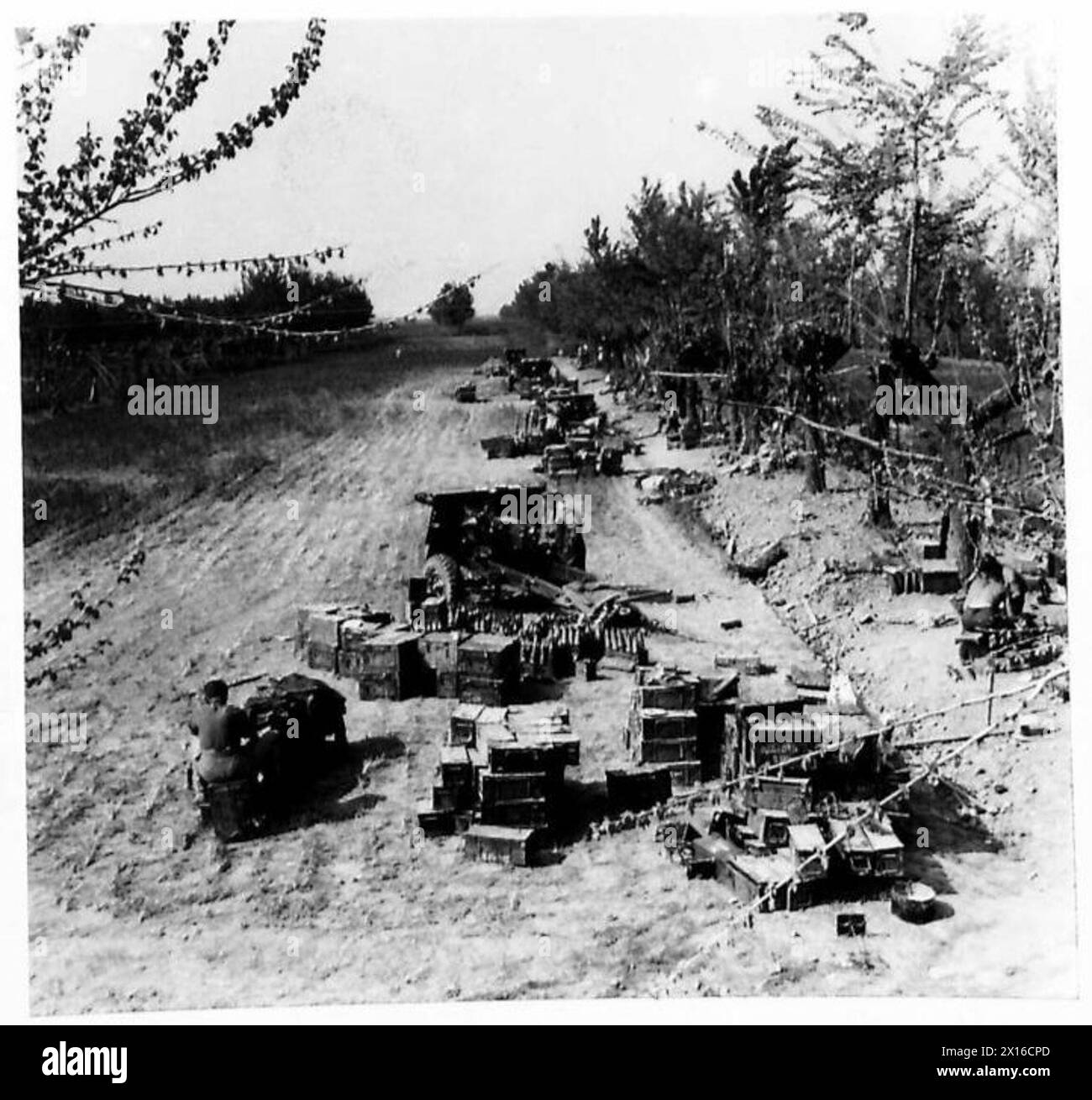 Una linea di artiglieria da 25 libbre è posizionata per sparare contro le posizioni nemiche nel settore Adriatico durante le operazioni dell'esercito britannico dal 1942 al 1946 in Nord Africa, Sicilia, Italia, Balcani e Austria. Foto Stock