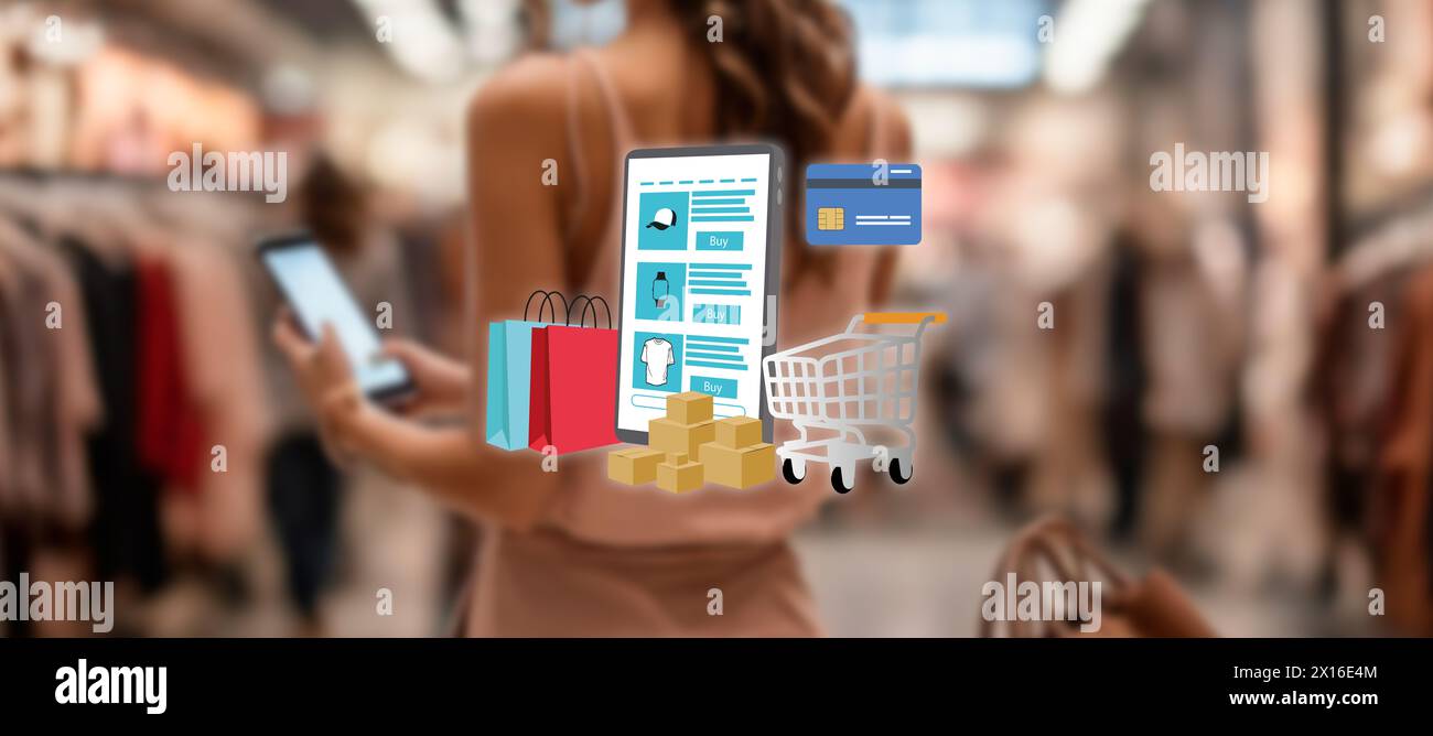 concetto di shopping online. icona del negozio online sullo smartphone Foto Stock