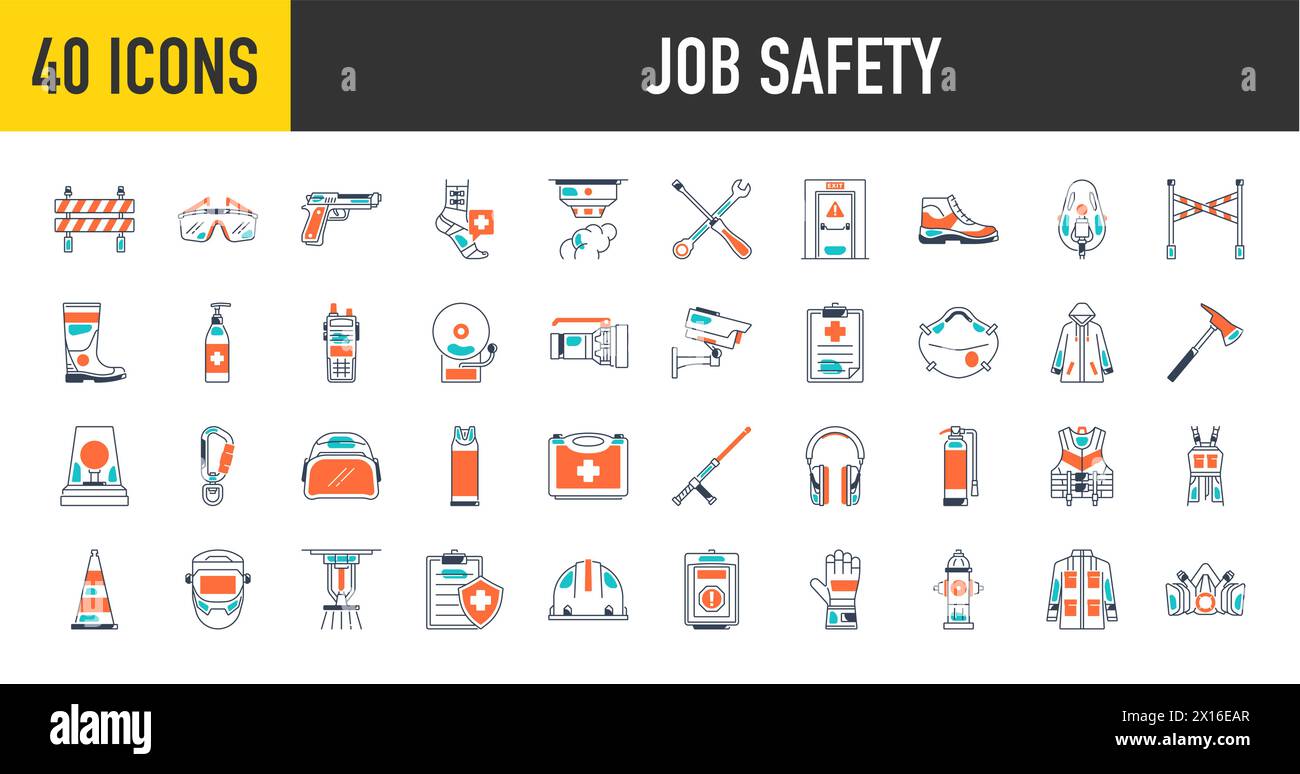 Protezione e sicurezza sul luogo di lavoro, set di icone. icone di sicurezza dell'area di lavoro. Notifica e avviso di pericolo. Illustrazione Vettoriale