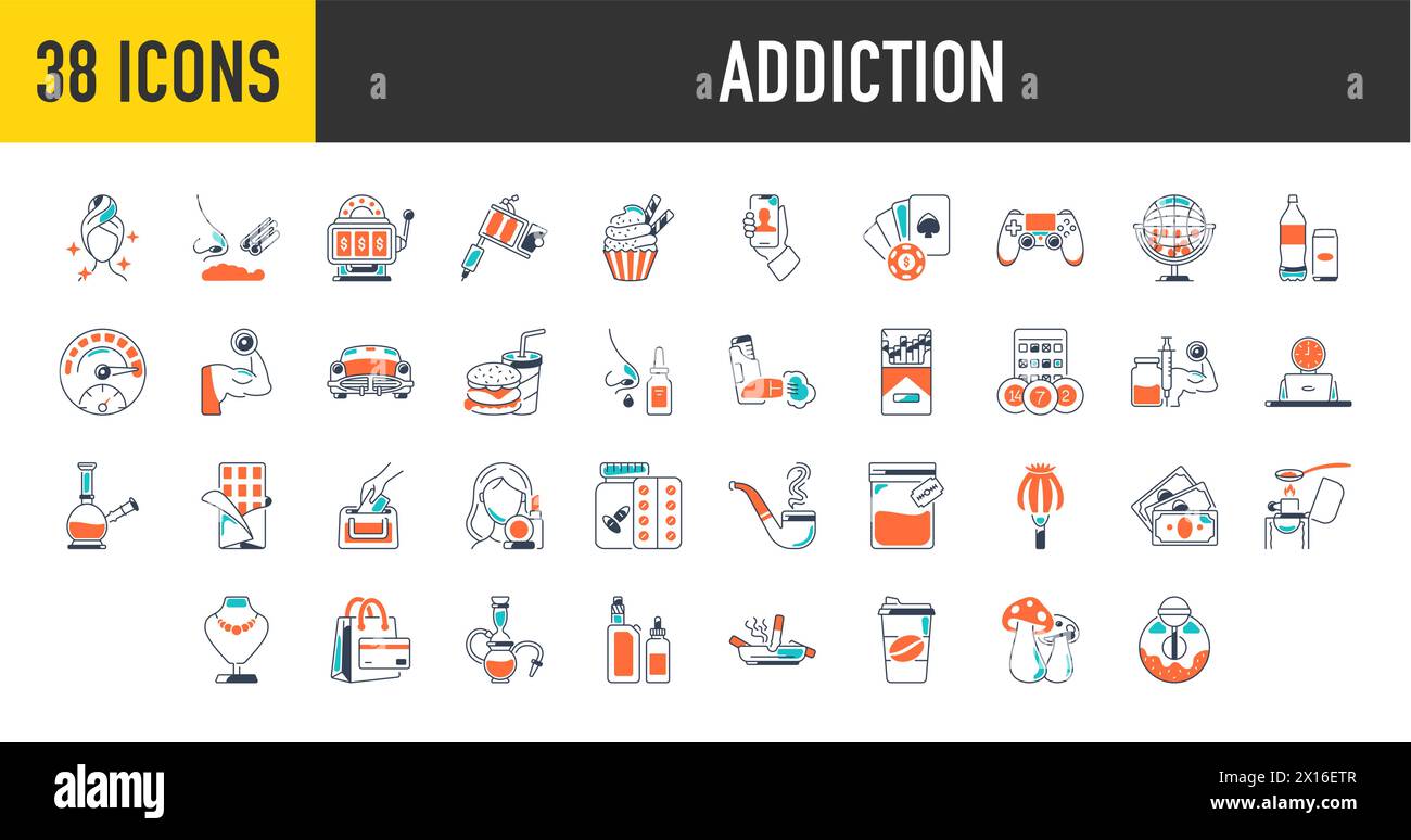 Set di icone di dipendenza. icona educazione continua ed etica per l'app web. Includono casinò, alcol, bellezza, gioco, tatuaggio, cibo, soldi, palestra e molto altro ancora. Illustrazione Vettoriale Set di icone di dipendenza. icona educazione continua ed etica per l'app web. Includono casinò, alcol, bellezza, gioco, tatuaggio, cibo, soldi, palestra e molto altro ancora. Illustrazione Vettoriale