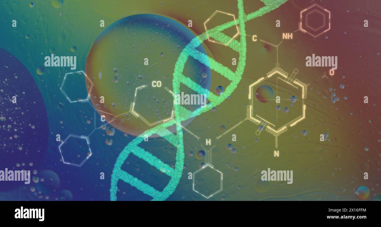 Immagine di bolle su filamento di dna e formula chimica su sfondo colorato Foto Stock