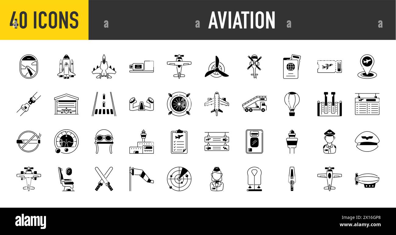 Set di icone dell'aeroporto. set di icone vettoriali come decollo, pista, pallone, atterraggio, monitor, aereo. illustrazione del vettore aeronautico. Illustrazione Vettoriale