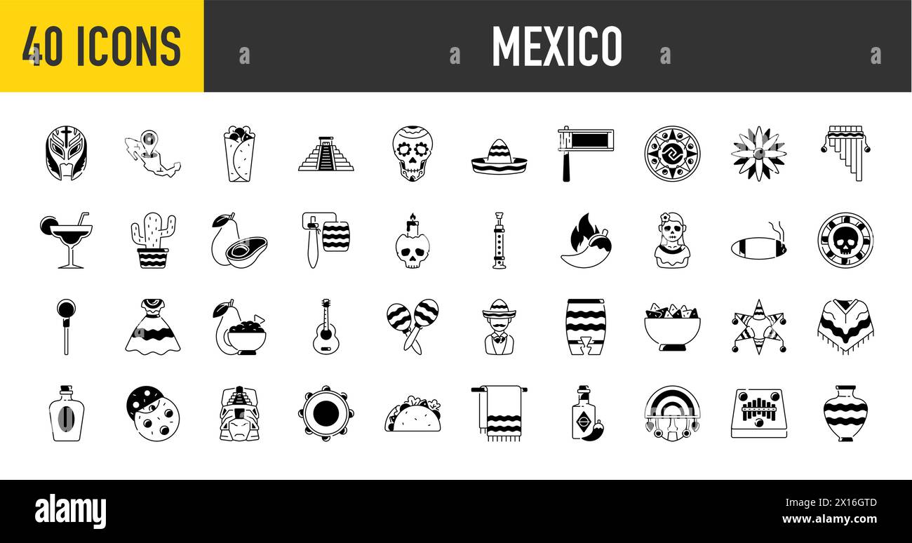 Set di icone messicane, elemento di design, stile piatto. Oggetti da collezione per la sfilata di Cinco de Mayo con pinata, cibo, sambrero, tequila, cactus, bandiera. Vettore Illustrazione Vettoriale