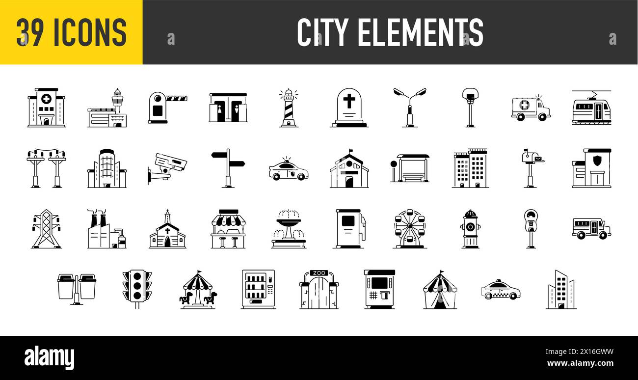 Pacchetto icone elementi città. Icona di stile Premium. Illustrazione vettoriale Illustrazione Vettoriale