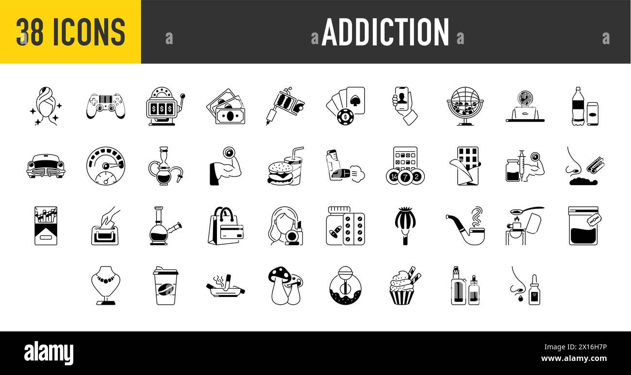 Set di icone di dipendenza. icona educazione continua ed etica per l'app web. Includono casinò, alcol, bellezza, gioco, tatuaggio, cibo, soldi, palestra e molto altro ancora. Illustrazione Vettoriale Set di icone di dipendenza. icona educazione continua ed etica per l'app web. Includono casinò, alcol, bellezza, gioco, tatuaggio, cibo, soldi, palestra e molto altro ancora. Illustrazione Vettoriale