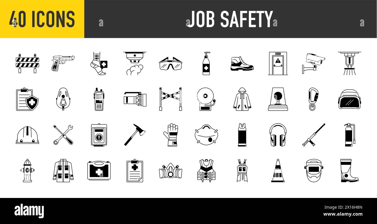Protezione e sicurezza sul luogo di lavoro, set di icone. icone di sicurezza dell'area di lavoro. Notifica e avviso di pericolo. Illustrazione Vettoriale