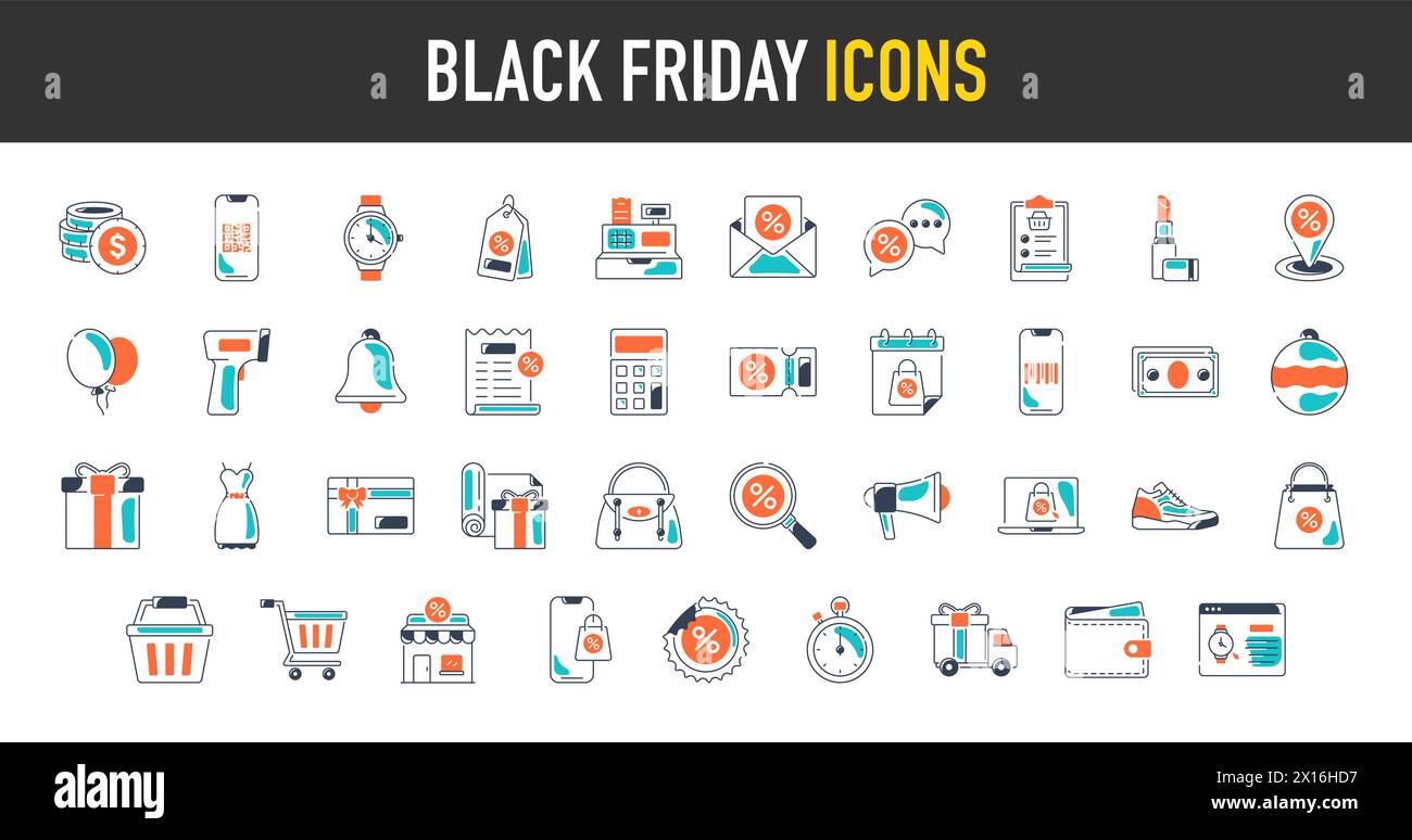 Set di icone degli sconti del Black friday. Shopping ed e-commerce, carrello, sconto, regalo, saldi festività, immagine del portafoglio, del negozio e di altre icone vettoriali. Illustrazione Vettoriale