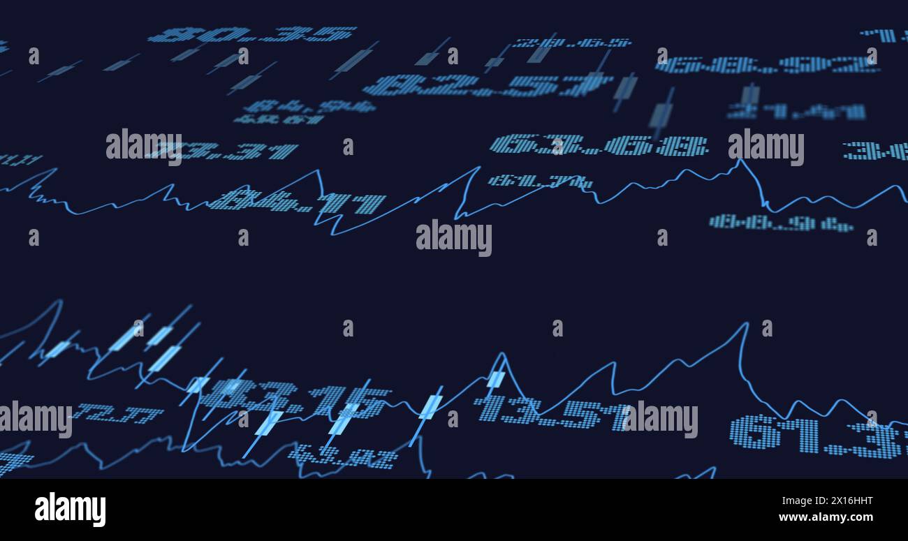 Immagine di grafici e numeri variabili su sfondo nero Foto Stock