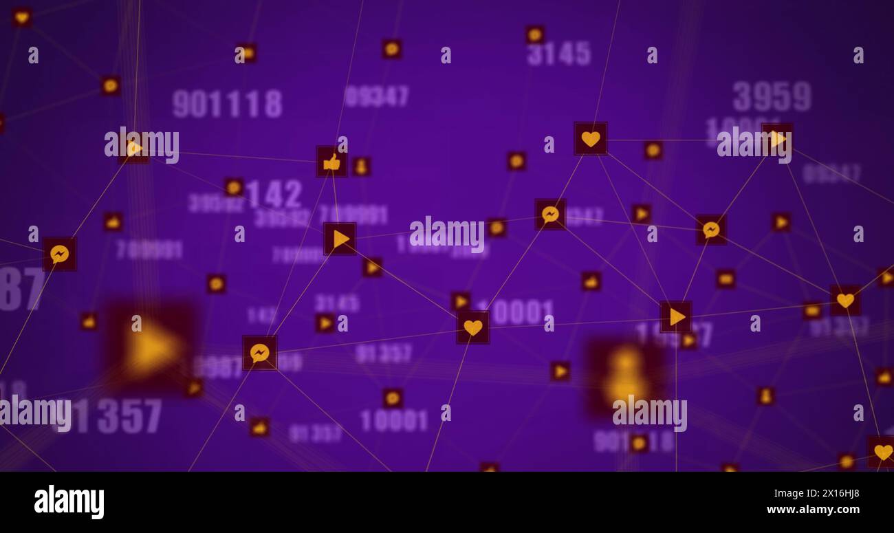 Immagine di più numeri che cambiano e rete di icone digitali su sfondo viola Foto Stock