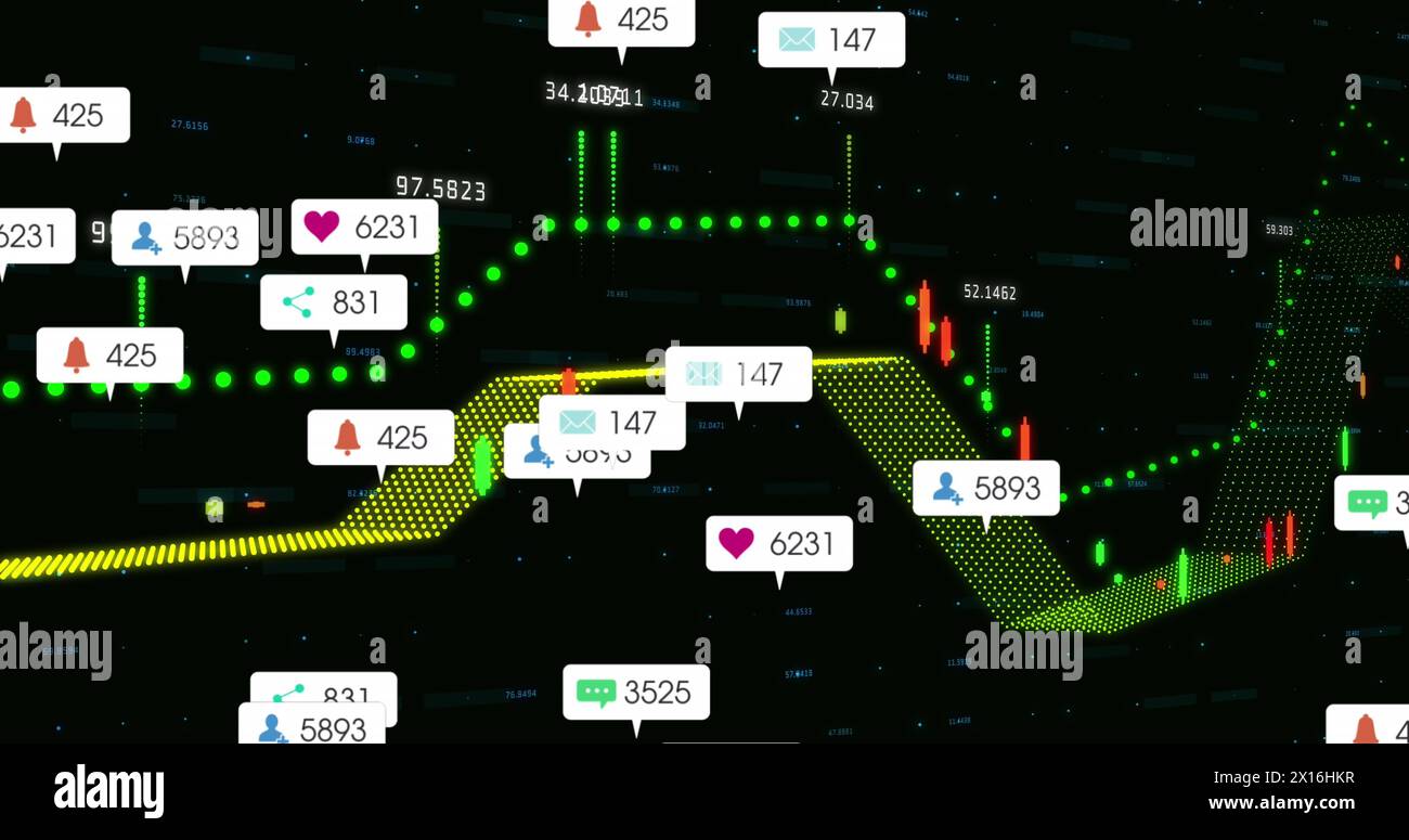 Immagine delle icone dei social media che fluttuano sull'elaborazione dei dati finanziari su sfondo nero Foto Stock