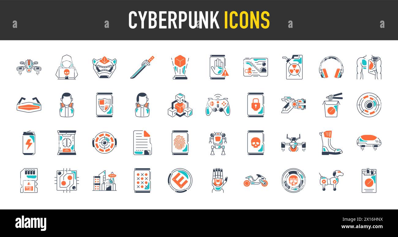 Set di icone di sicurezza Cyber punk. Simbolo di protezione dei dati. Raccolta di icone di rete protetta. Concetto tecnologico. Illustrazione vettoriale. Illustrazione Vettoriale