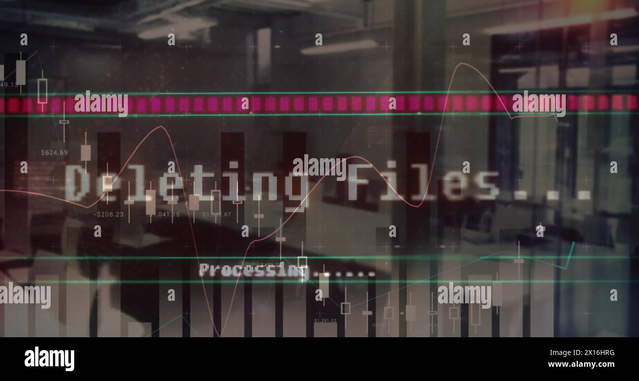 Immagine dell'interfaccia con elaborazione dei dati statistici rispetto a un ufficio vuoto Foto Stock