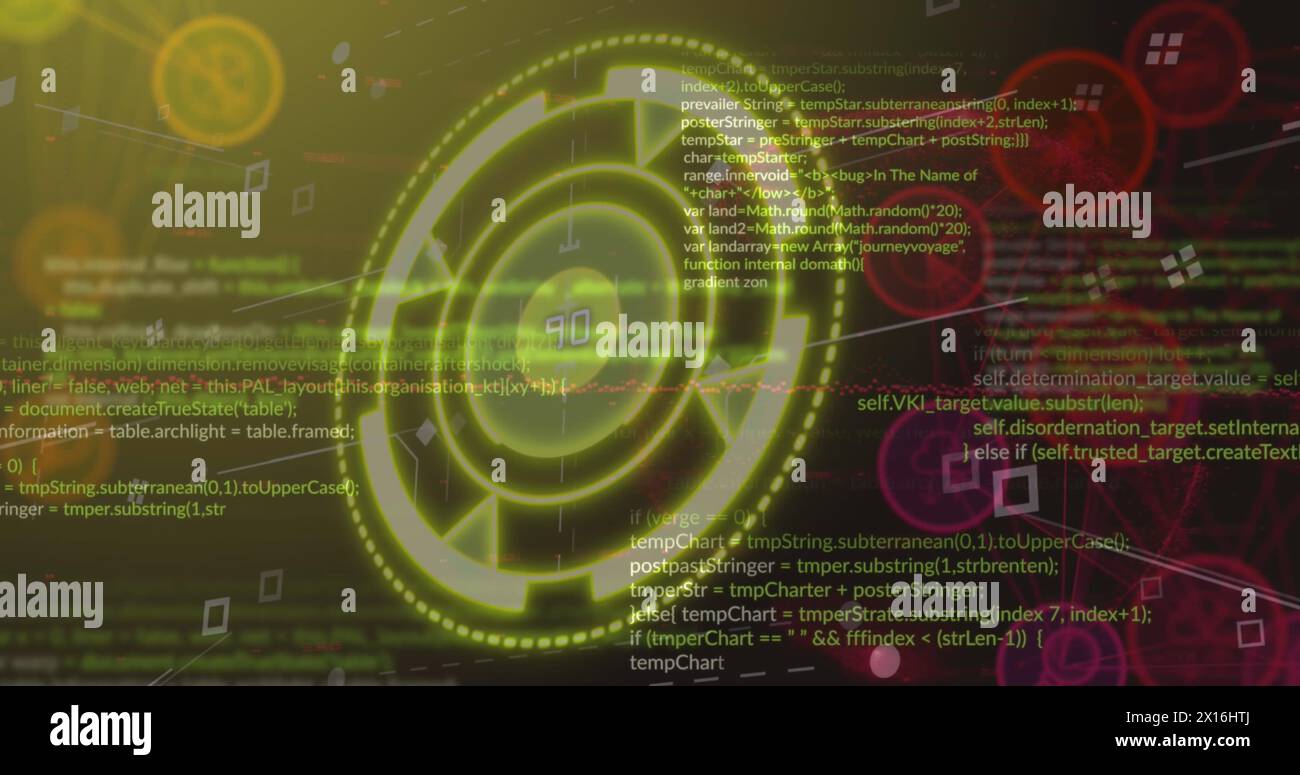 Immagine dell'elaborazione dei dati e della rete di icone digitali contro lo scanner rotondo giallo al neon Foto Stock