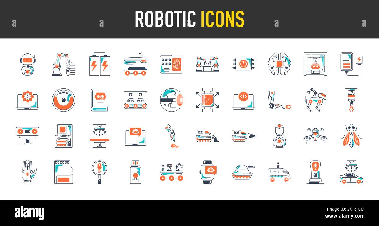 Icone robotiche. Set di icone con apprendimento automatico, cervello, ai, testa, macchina, tecnologia, intelligenza artificiale e altro ancora. Illustrazione Vettoriale