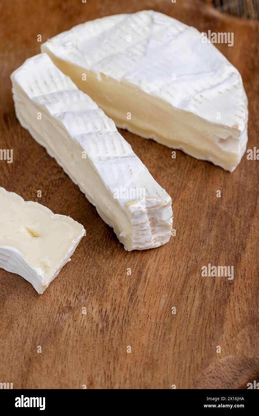 formaggio morbido lavorato con muffa bianca sul tavolo, formaggio bianco a fette con primo piano di muffa Foto Stock