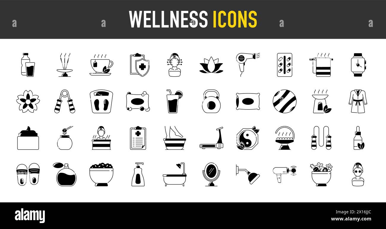 Set icone benessere. Contenente massaggio, yoga, spa, relax, salute, esercizio fisico, dieta, benessere, aromaterapia e molto altro. Raccolta vettoriale con icona a tinta unita. Illustrazione Vettoriale