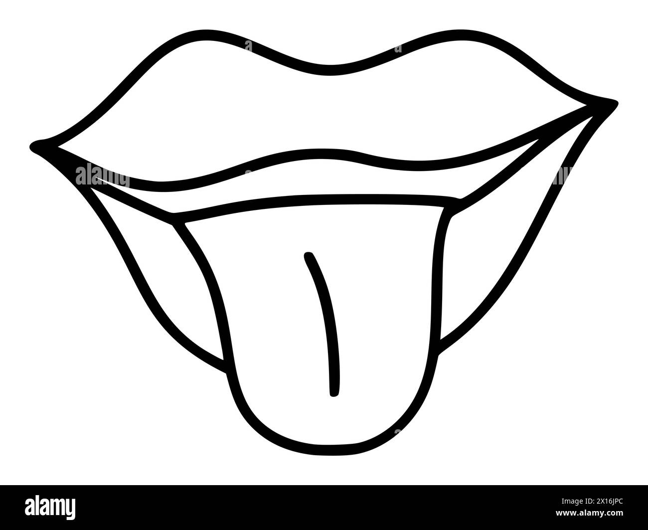 Labbra disegnate a mano con l'icona della lingua in semplice stile doodle. Donna bocca con linee. Design monocromatico gusto, sensazioni del corpo organi Illustrazione Vettoriale