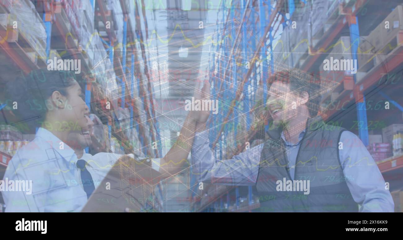 Immagine di una rete di connessioni tra uomini e magazzini Foto Stock