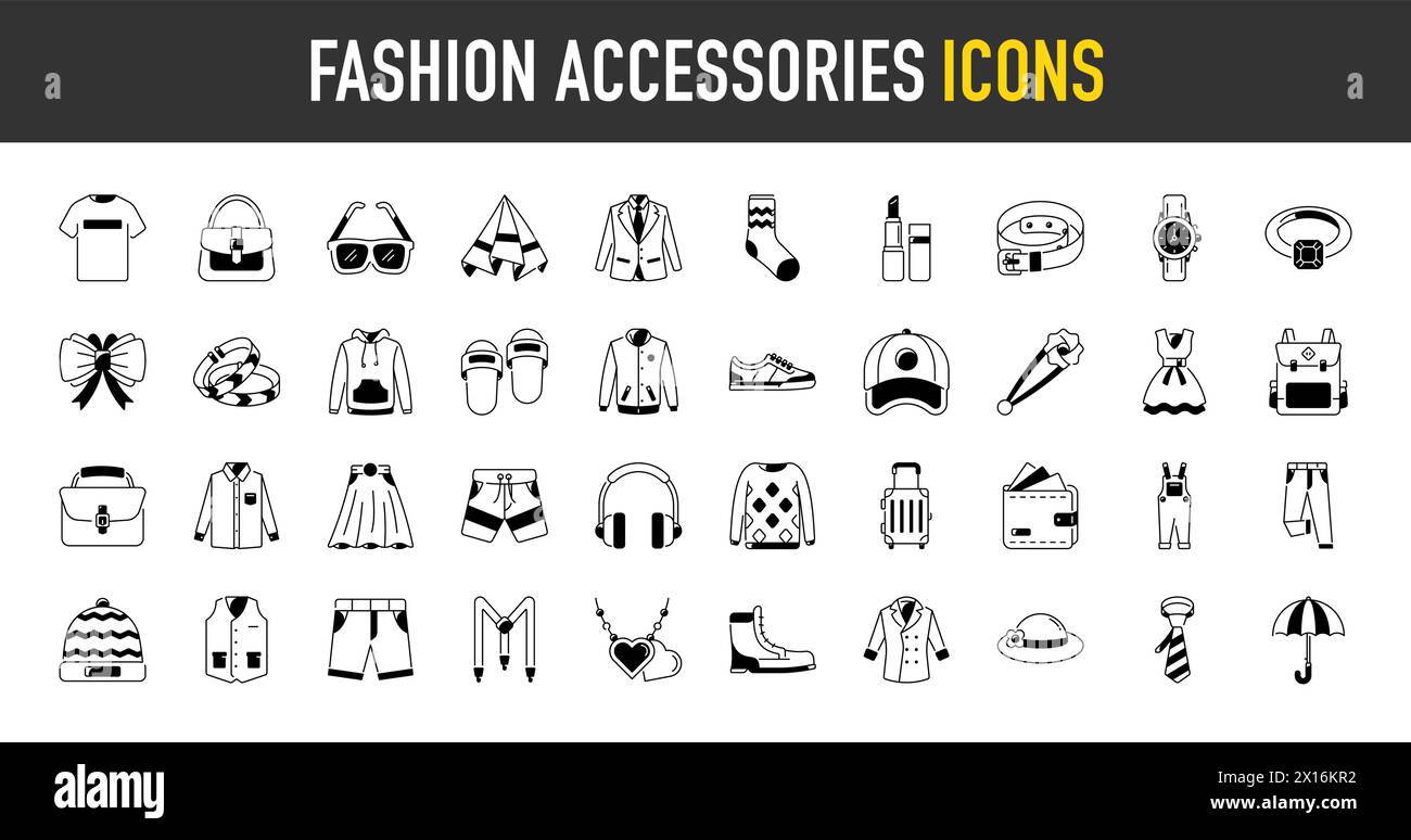 Icone degli accessori alla moda. L'illustrazione vettoriale includeva l'icona come calzature, scarpe con tacco alto, cravatta con fiocco, zaino, abiti in maglia e altri capi di abbigliamento Illustrazione Vettoriale