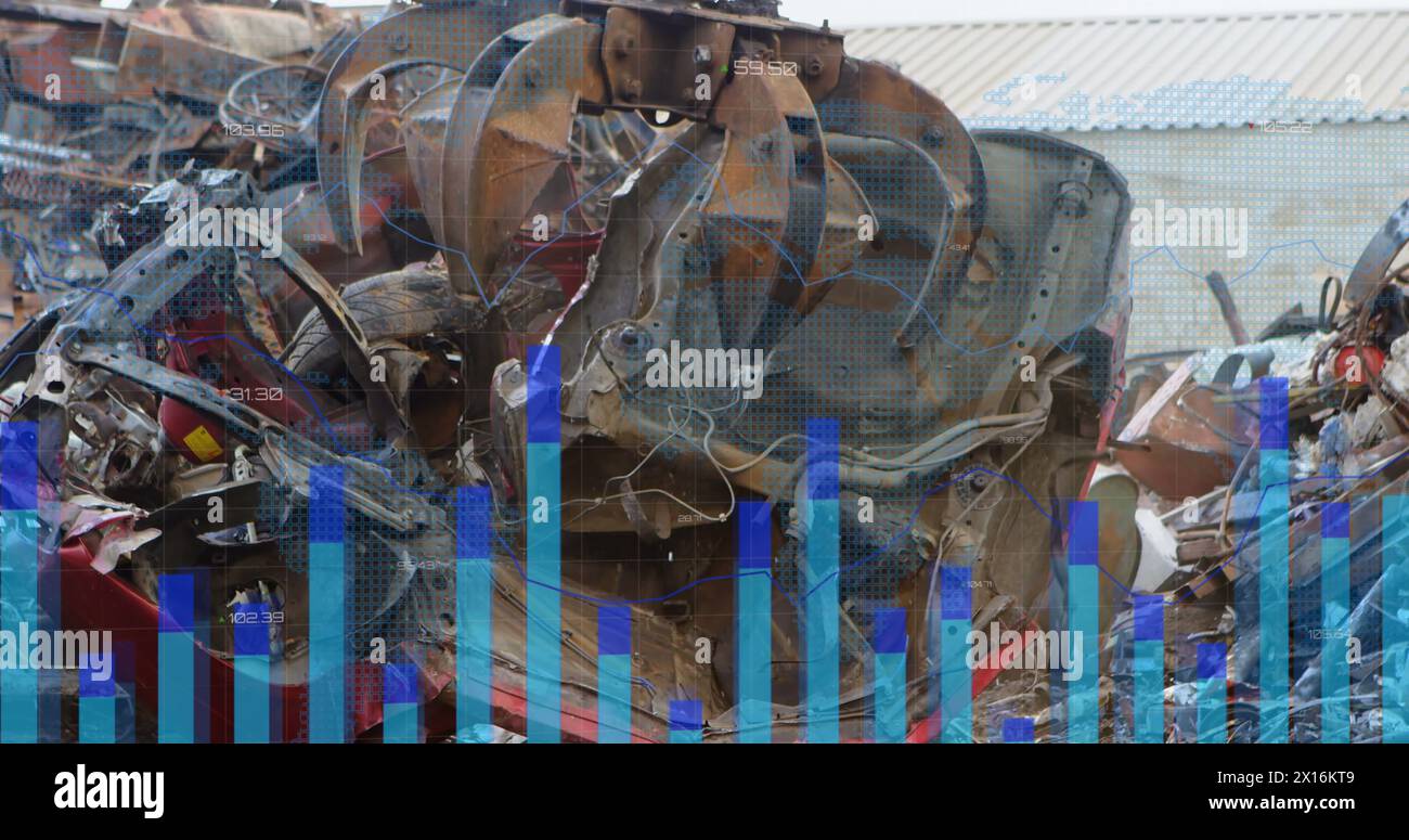 Immagine dell'elaborazione dei dati statistici su gru che operano nel deposito di rifiuti Foto Stock
