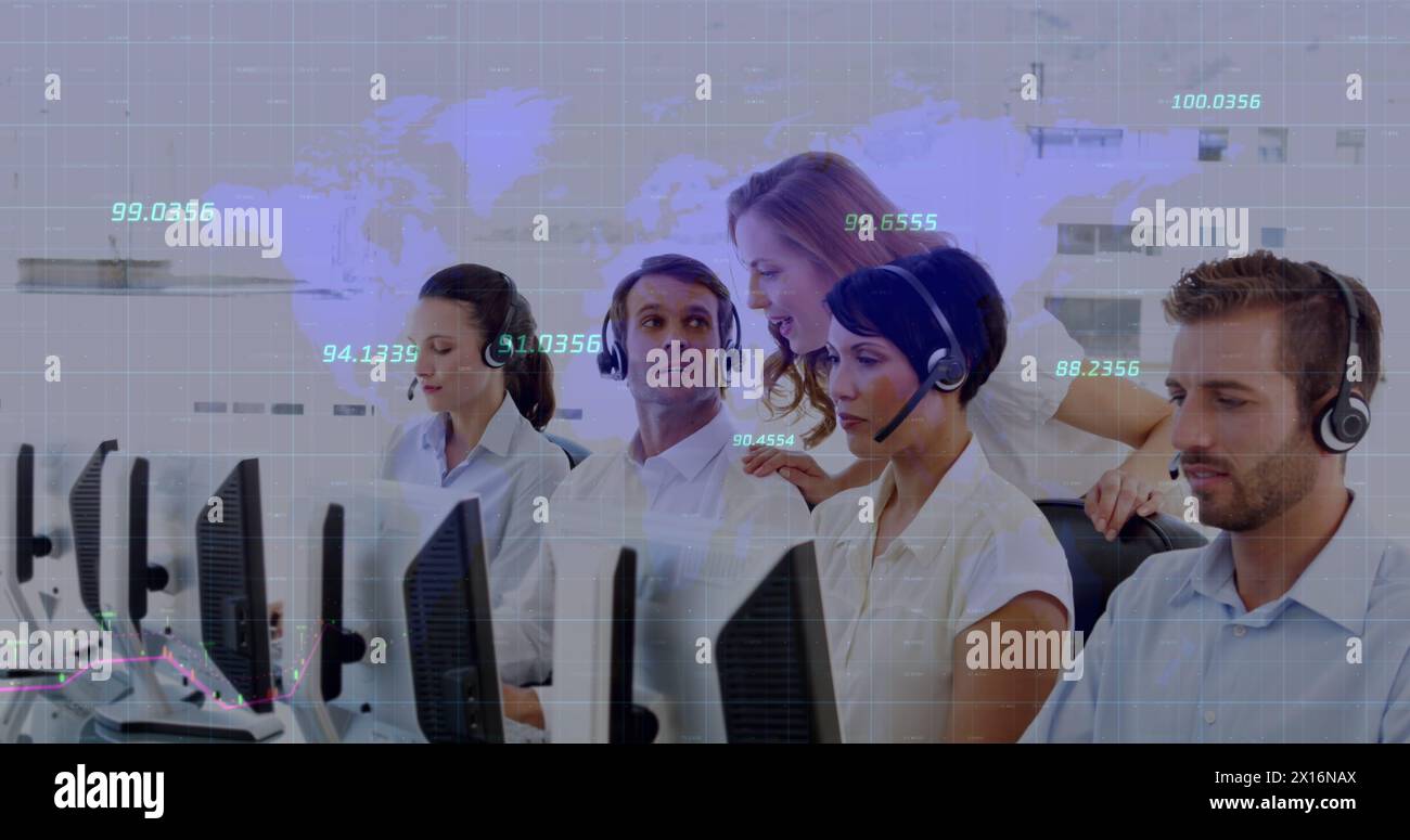 Immagine dei numeri in tutto il mondo rispetto ai diversi dirigenti dell'assistenza clienti che lavorano in ufficio Foto Stock