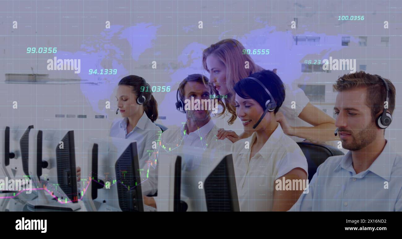 Immagine dei numeri in tutto il mondo rispetto ai diversi dirigenti dell'assistenza clienti che lavorano in ufficio Foto Stock