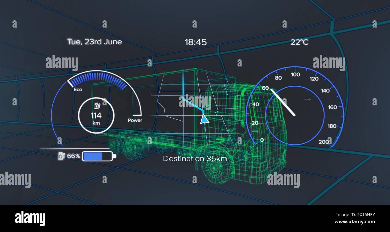 Immagine del tachimetro sul modello 3d di un veicolo in movimento su sfondo blu Foto Stock